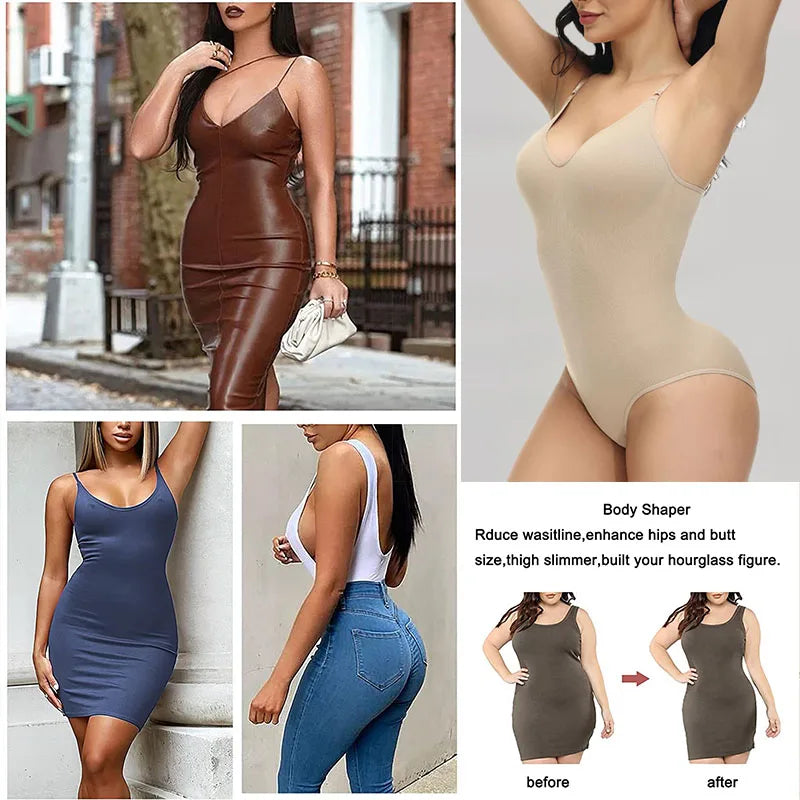 V-Neck Spaghetti Strap Compression Bodysuit